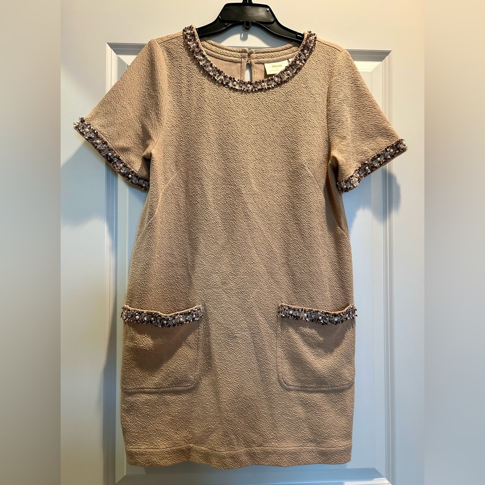 Maeve Beige Dress with Embellished Neckline